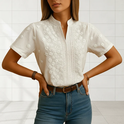 Amelia Women's White Button Front Blouse with Classic Collar