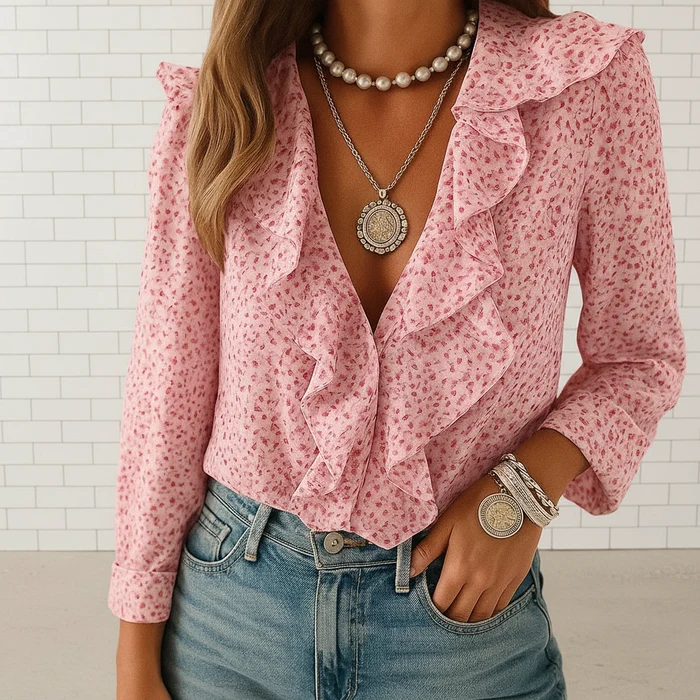 Hazel Women's Butterfly Print Ruffle Blouse with Long Sleeves
