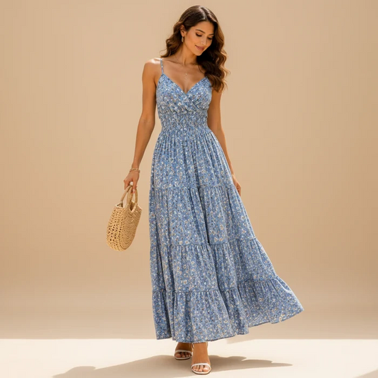 Women's Blue Floral Sleeveless V-Neck Maxi Dress for Casual Wear