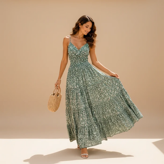 Women's Green Floral Sleeveless V-Neck Maxi Dress for Casual Wear