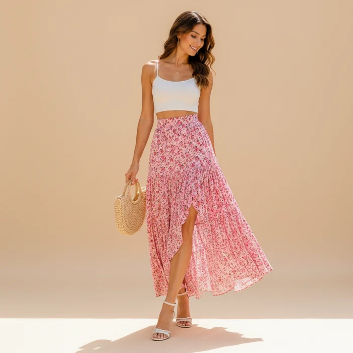 Women's Pink Floral High-Waist Flowy Skirt for Casual Wear