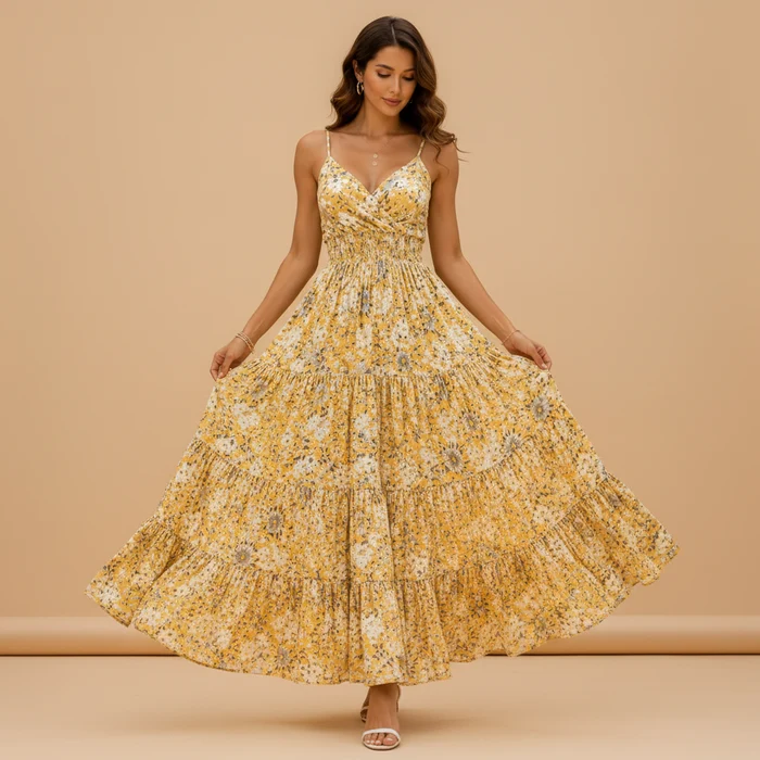 Women's Yellow Floral Sleeveless V-Neck Maxi Dress for Casual Wear